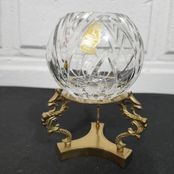 Vintage Imperlux 12 Point Hand Cut Lead Crystal Globe Vase With Brass Stand - Picture 1 of 7
